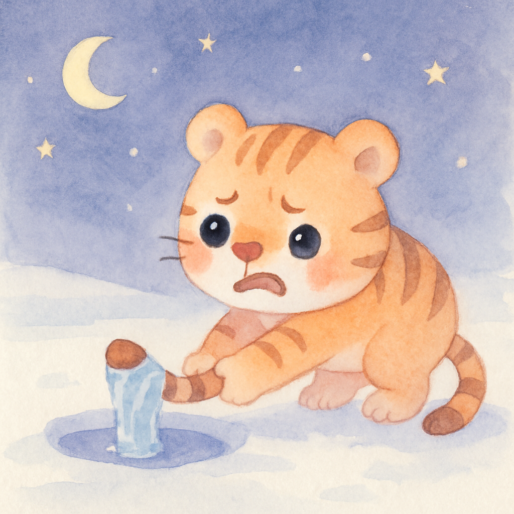 밤이 되고 호랑이 꼬리가 얼음에 얼어붙은 장면